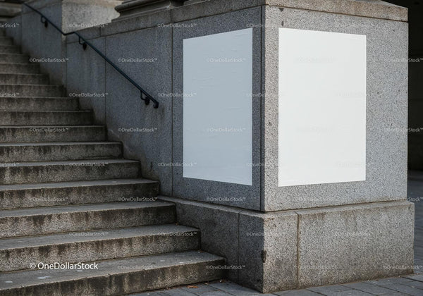 Empty white posters on urban stone stairway corner JPG Mockup Image