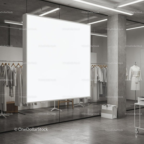 Modern boutique interior with blank illuminated display JPG Mockup Image
