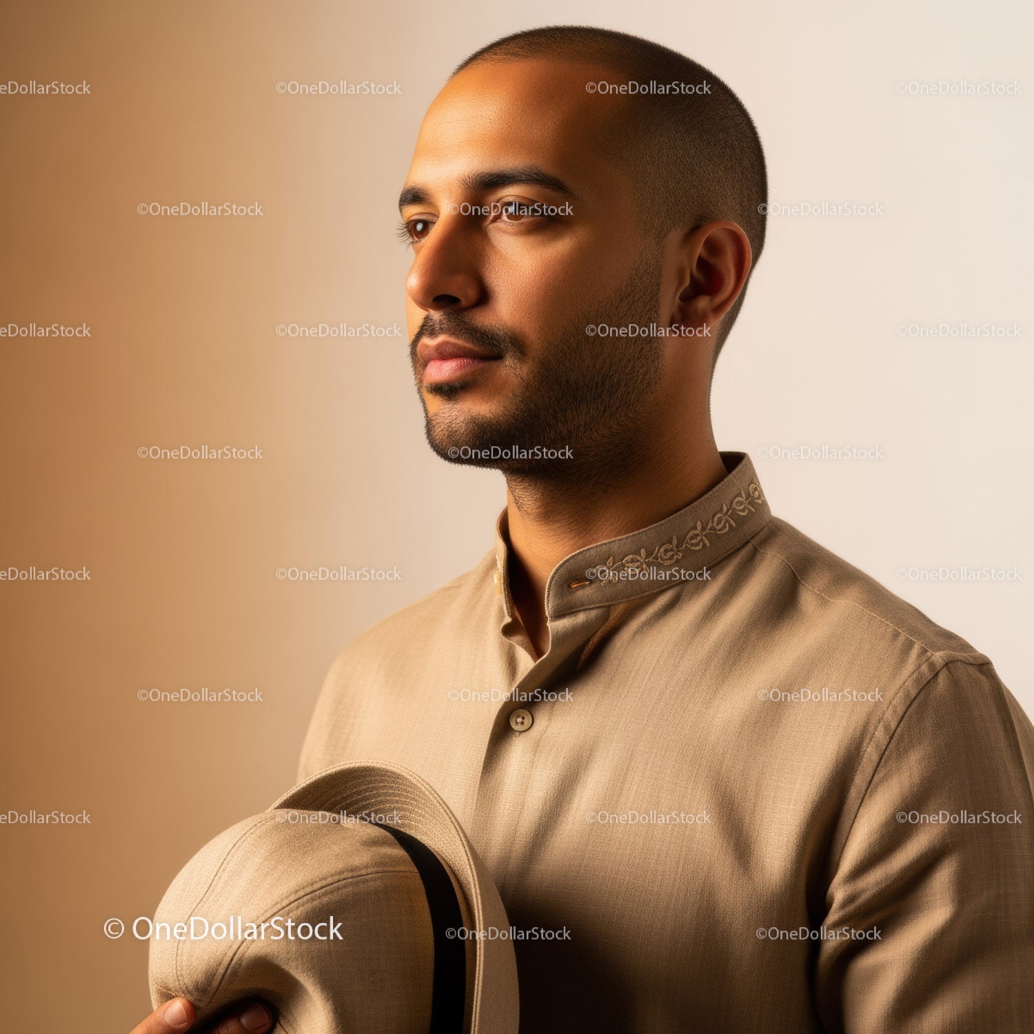 Male Portrait with Stylish Beige Shirt and Calm Expression