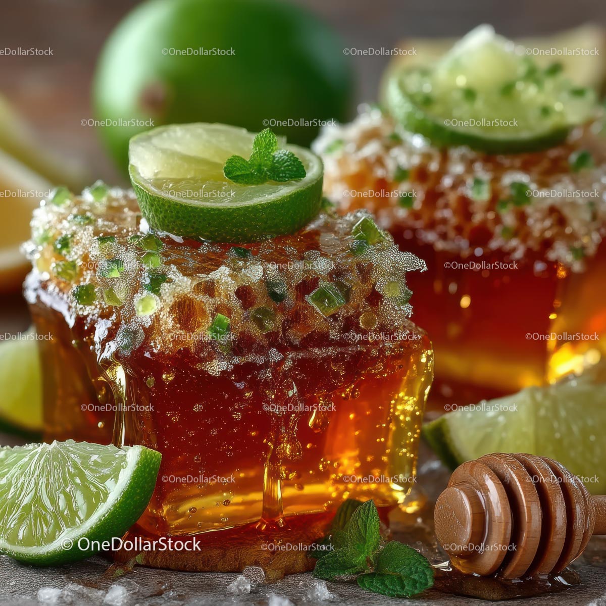 Delicious Honeycomb with Fresh Lime and Mint Leaves