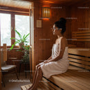Relaxing Woman Sitting in Wooden Sauna with Towel in Warm Atmosphere
