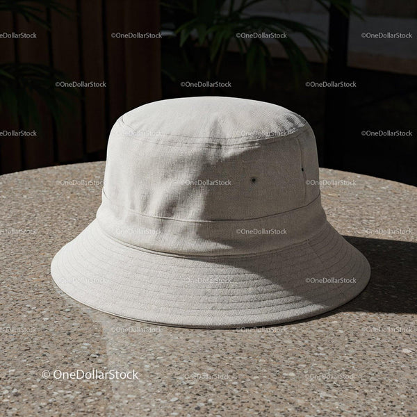 Minimalistyczny beżowy kapelusz typu bucket na teksturowanym okrągłym stole