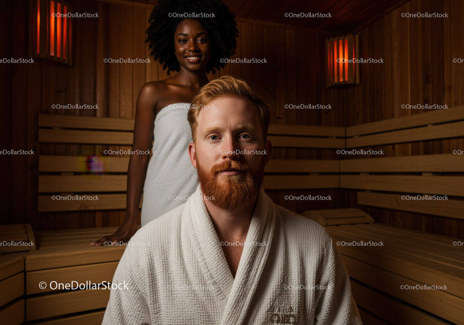 Relaxing Sauna Scene with Man and Woman in Wellness Spa