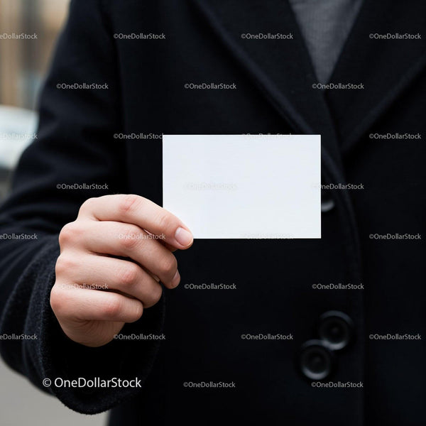 Person Hand Holding Blank White Card in Black Coat JPG Mockup Image