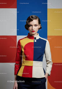 Stylish woman in color-blocked modern fashion jacket