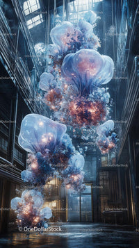 Fantasy Scene of Glowing Bioluminescent Jellyfish in Surreal Underwater Environment