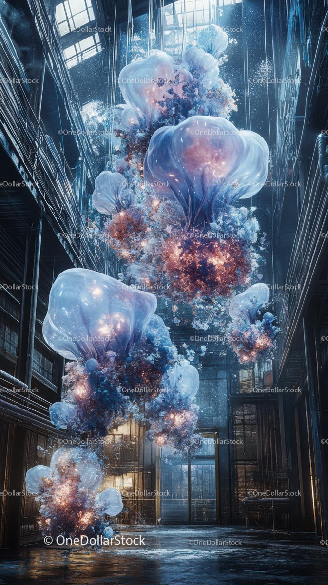 Fantasy Scene of Glowing Bioluminescent Jellyfish in Surreal Underwater Environment