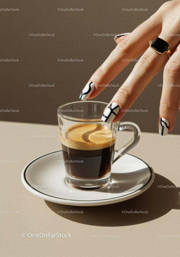 Hand with Stylish Nails Reaching for Espresso Shot
