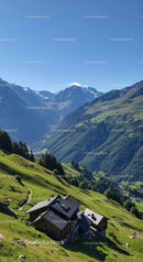 Scenic Mountain Landscape with Green Hills and Wooden Cottages