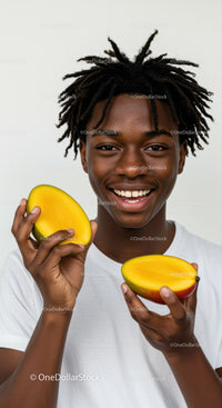 Young Man Holding Mango Fresh Tropical Fruit Smiling Joyful Lifestyle