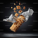 Crispy granola bar popping out of foil wrapper