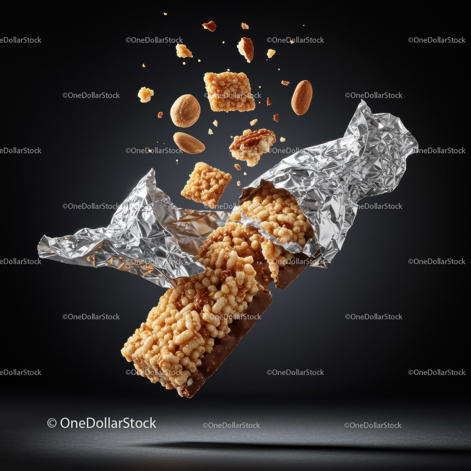 Crispy granola bar popping out of foil wrapper