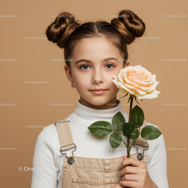 Młoda Dziewczyna Trzymająca Elegancką Brzoskwiniową Różę w Portrecie Studyjnym
