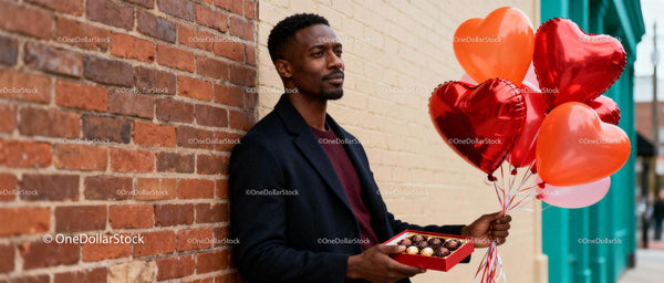 Man Holding Heart Balloons and Chocolates on Valentines