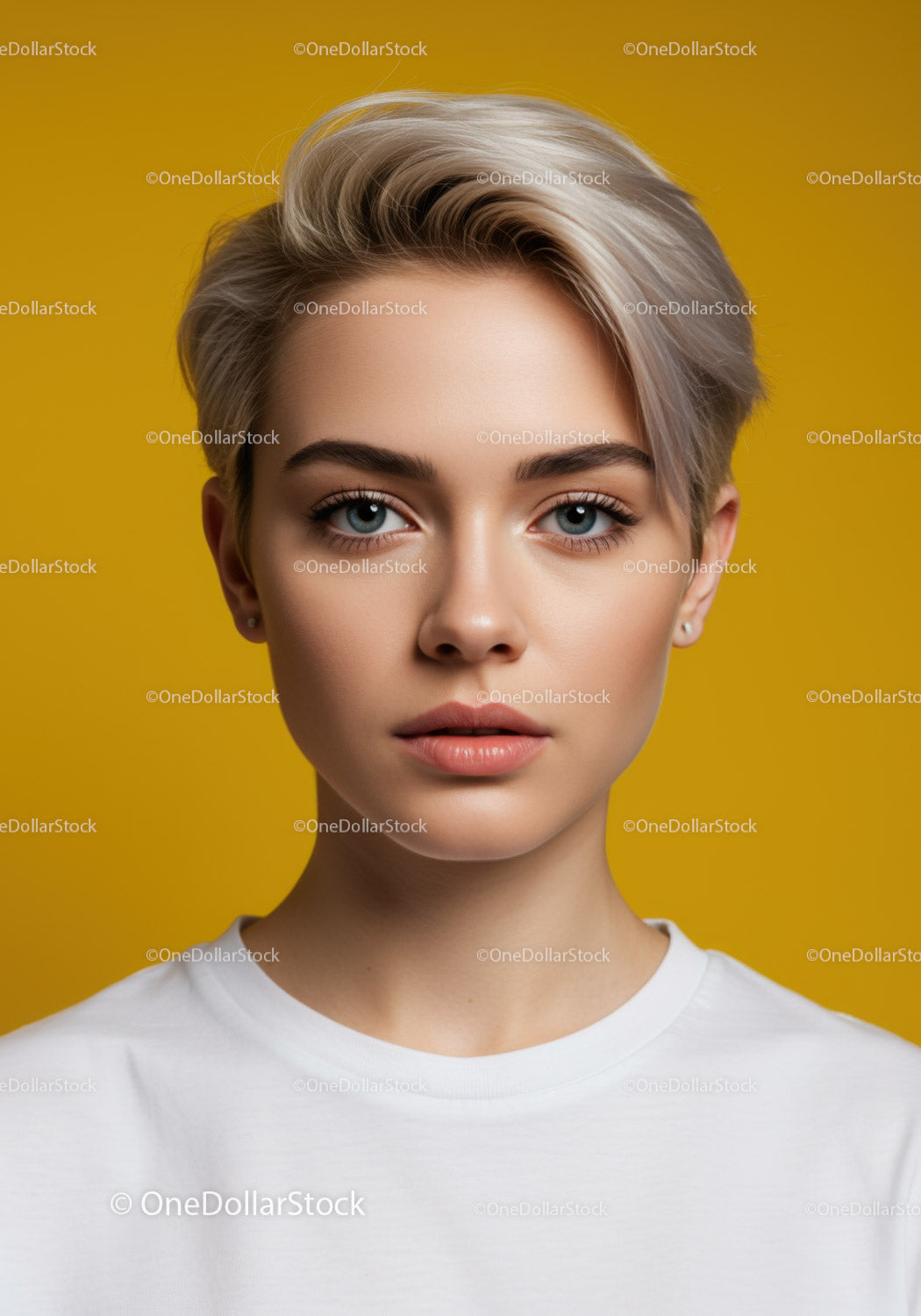 Portrait of a Young Woman with Blonde Hair and Blue Eyes Against Yellow Background
