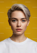 Portrait of a Young Woman with Blonde Hair and Blue Eyes Against Yellow Background