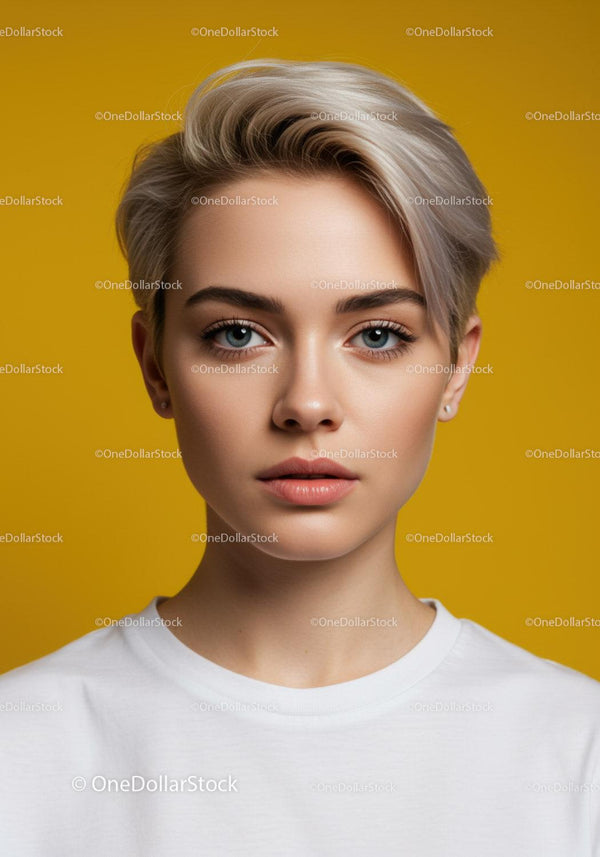 Portrait of a Young Woman with Blonde Hair and Blue Eyes Against Yellow Background