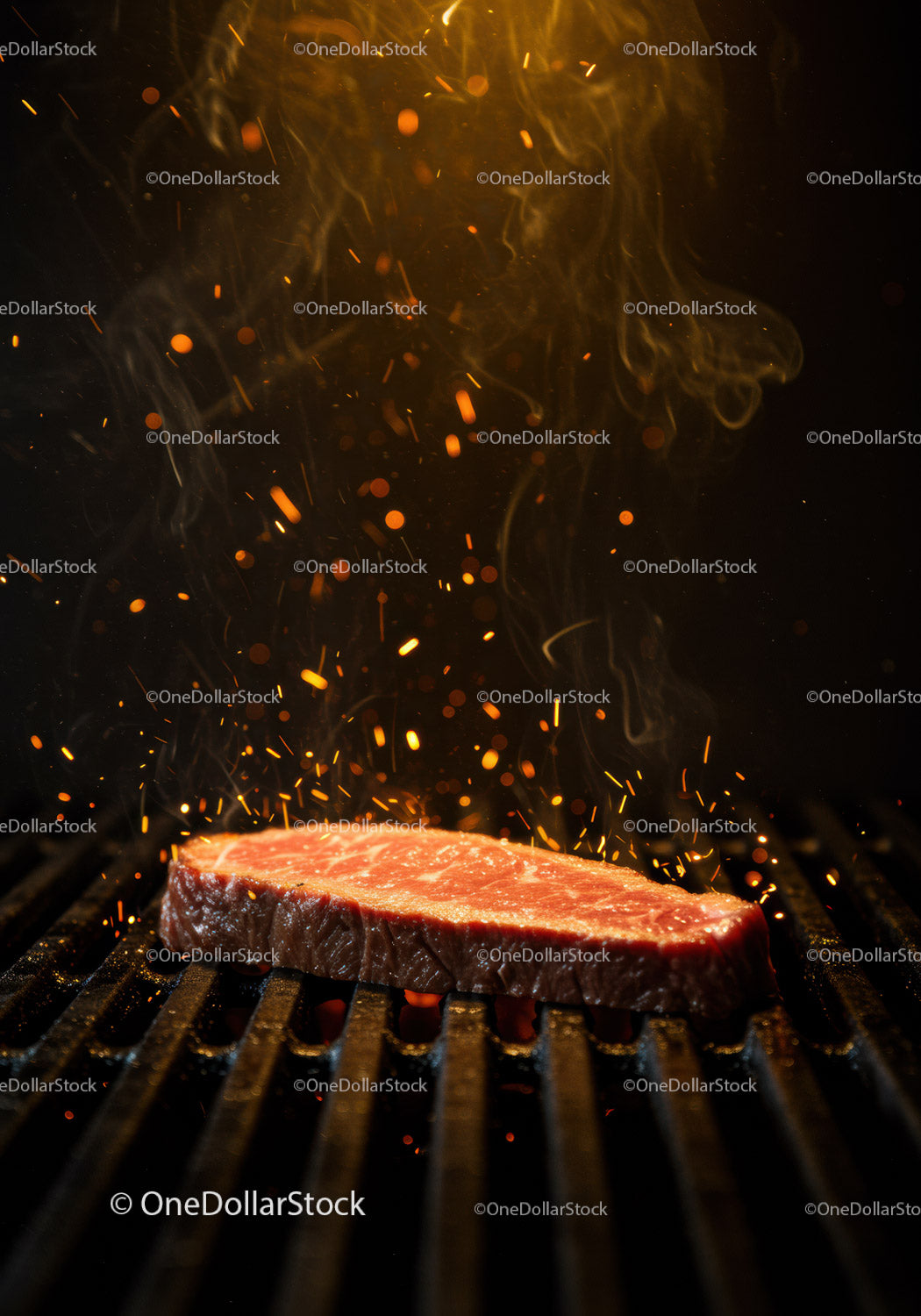Świeży stek skwierczy na gorącym grillu, iskrząc się