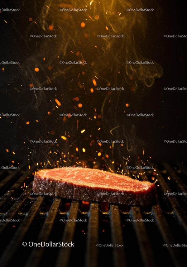 Fresh steak sizzles on hot grill with glowing sparks