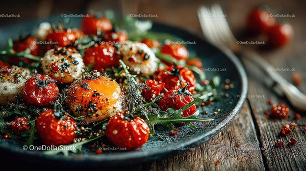 Roasted Cherry Tomatoes with Mozzarella and Arugula on Rustic Plate