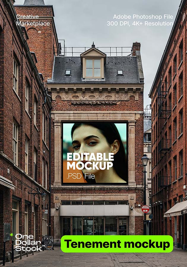 Edytowalny mockup billboardu na ścianie kamienicy