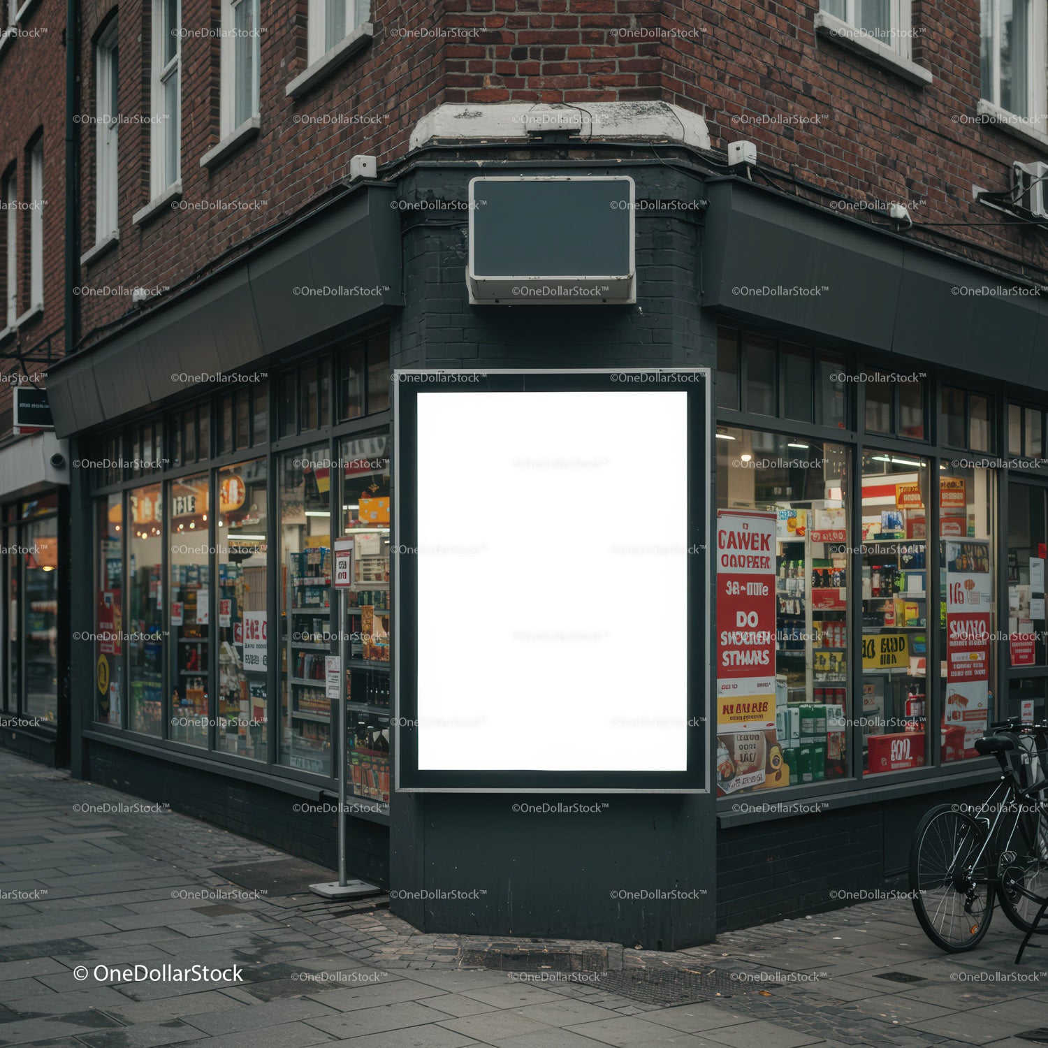 Blank illuminated billboard on urban street corner