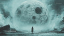Mysterious Large Moon Scene with Solitary Figure Surrounded by Fog