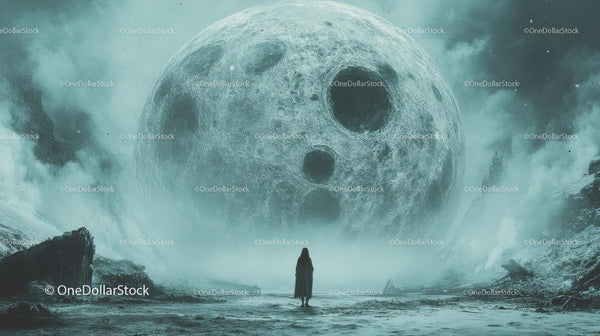 Lone Figure Facing Giant Cratered Moon