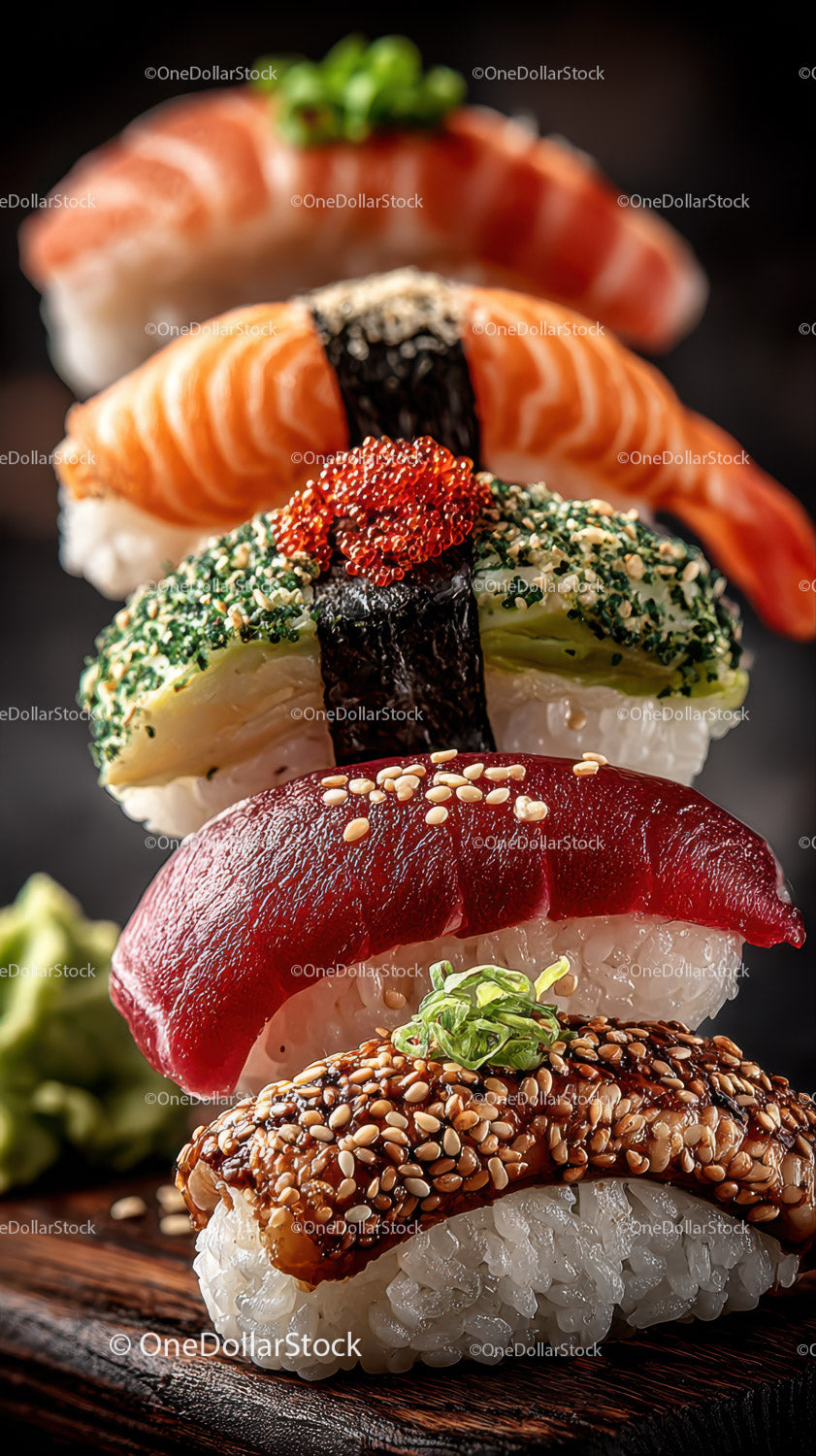 Kolorowy, różnorodny talerz sushi ze świeżymi rybami i owocami morza