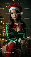 Young Woman in Festive Christmas Outfit and Santa Hat