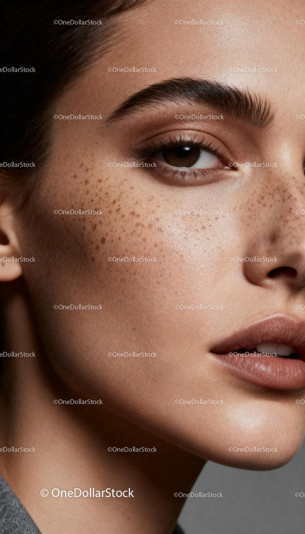 Close-up of natural freckled skin and subtle makeup