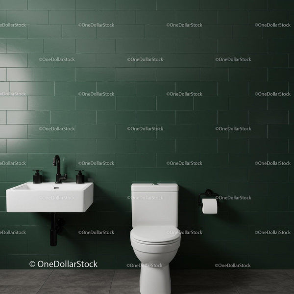 Green Tile Wall with Modern Toilet and Sink in Minimalist Bathroom