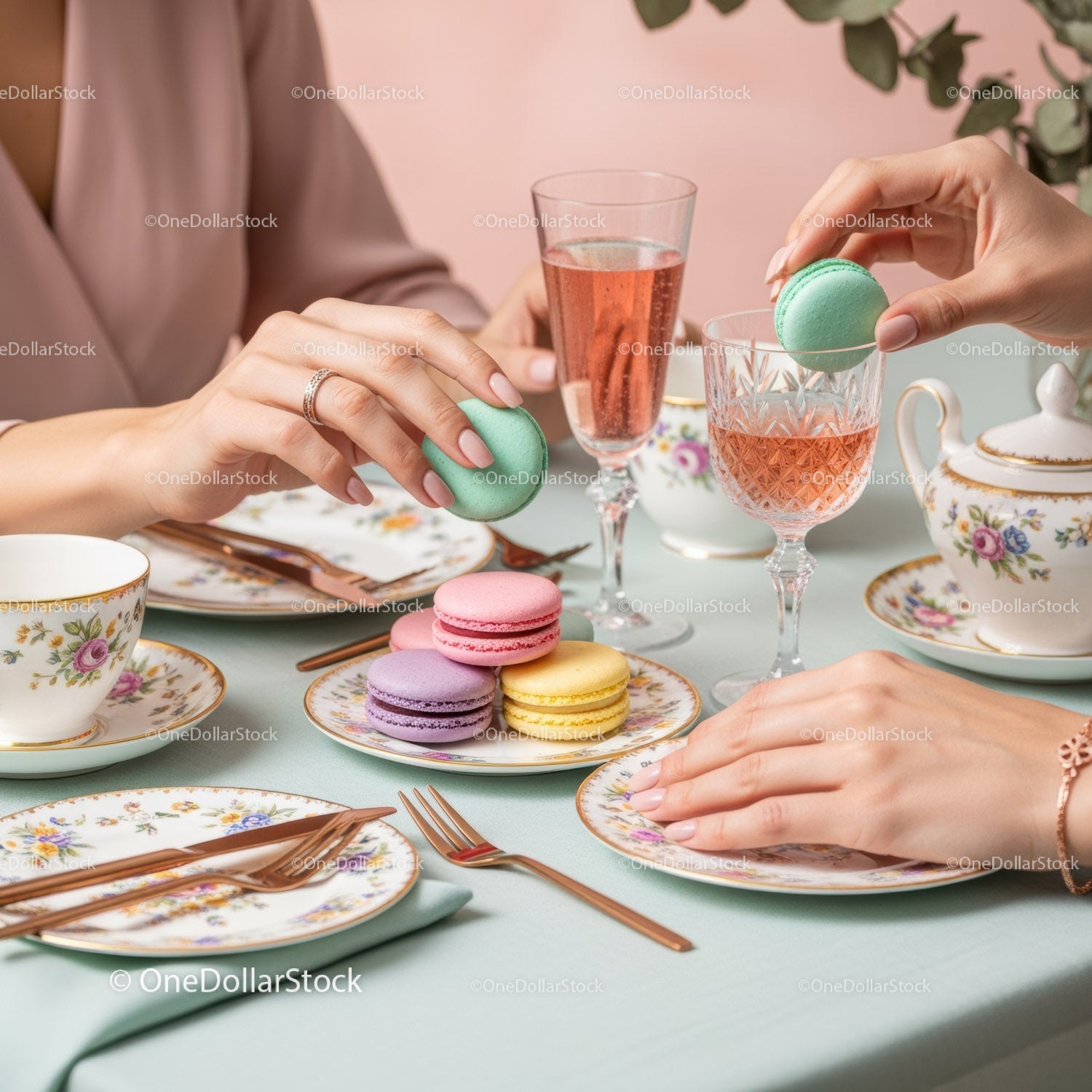Elegant Tea Party with Colorful Macarons and Vintage Floral China