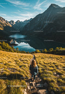 Scenic Mountain Lake Landscape with Hiking Trail and Woman Exploring