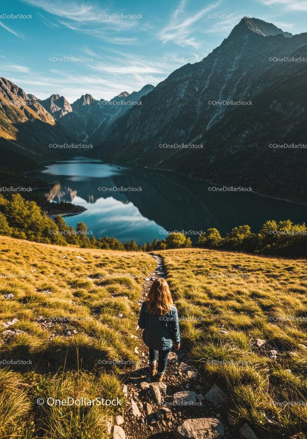 Scenic Mountain Lake Landscape with Hiking Trail and Woman Exploring
