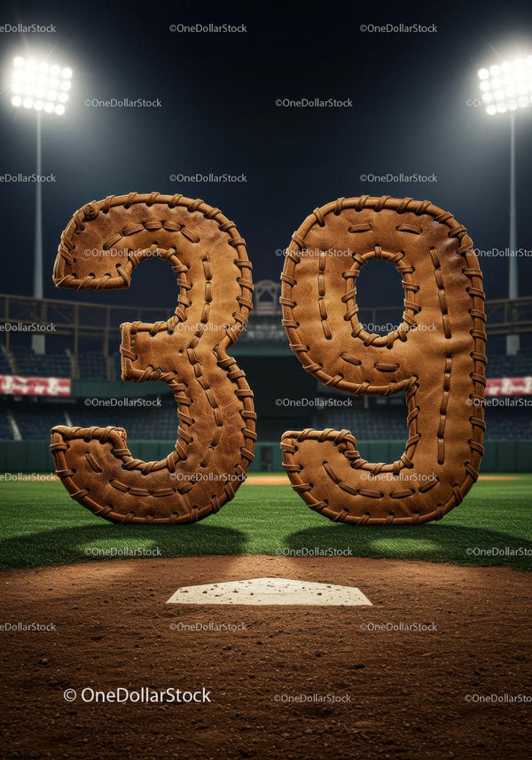 Nocna scena na stadionie baseballowym z numerami z tekstury rękawicy