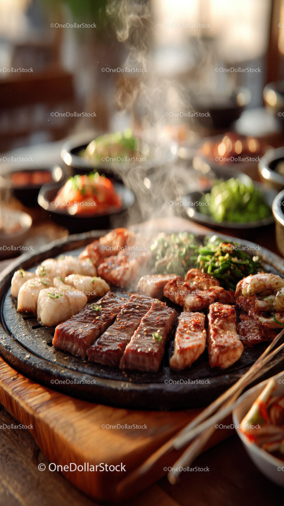 Assorted Meats and Vegetables Grilled on Hot Sizzling BBQ