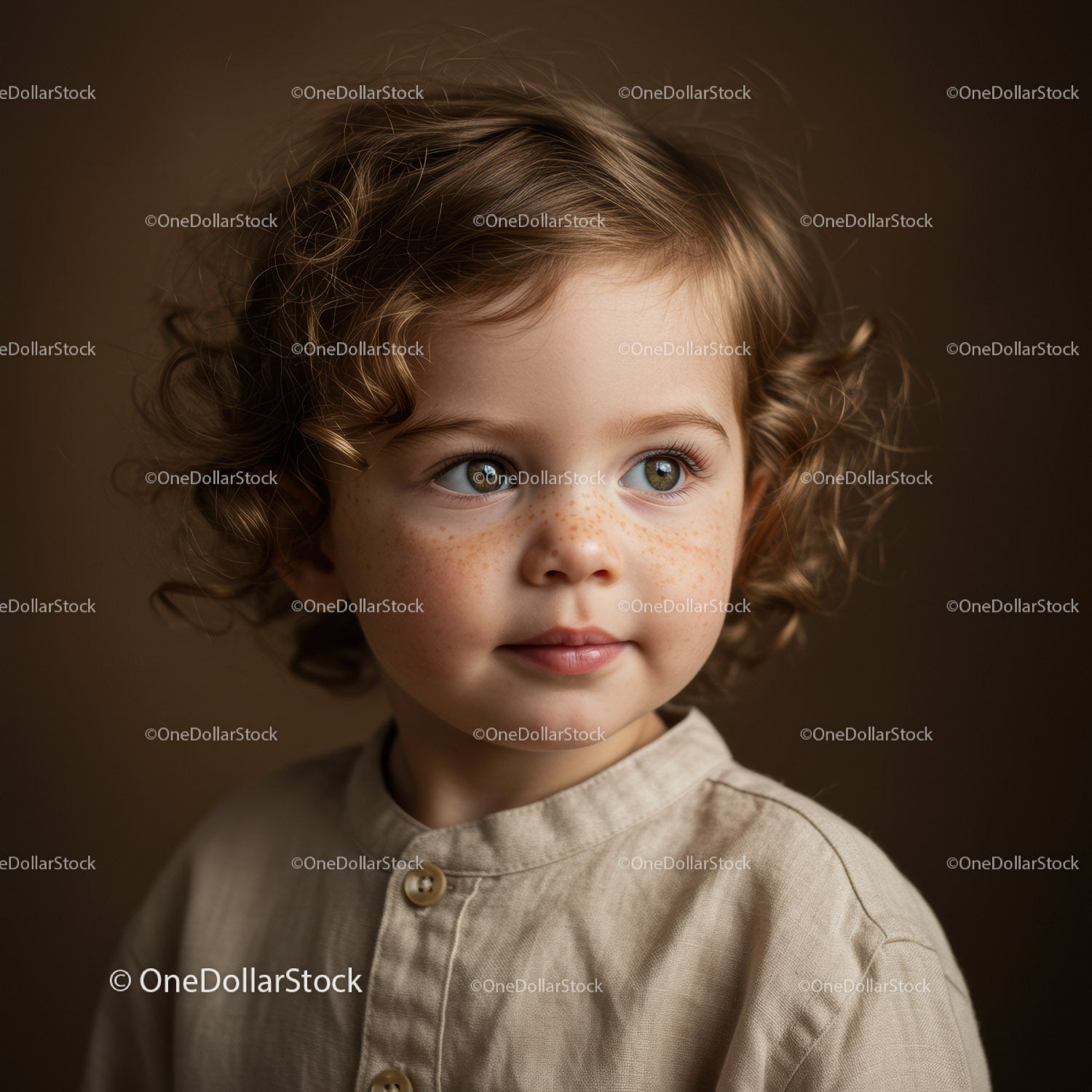 Curly young child with freckles looking aside indoors
