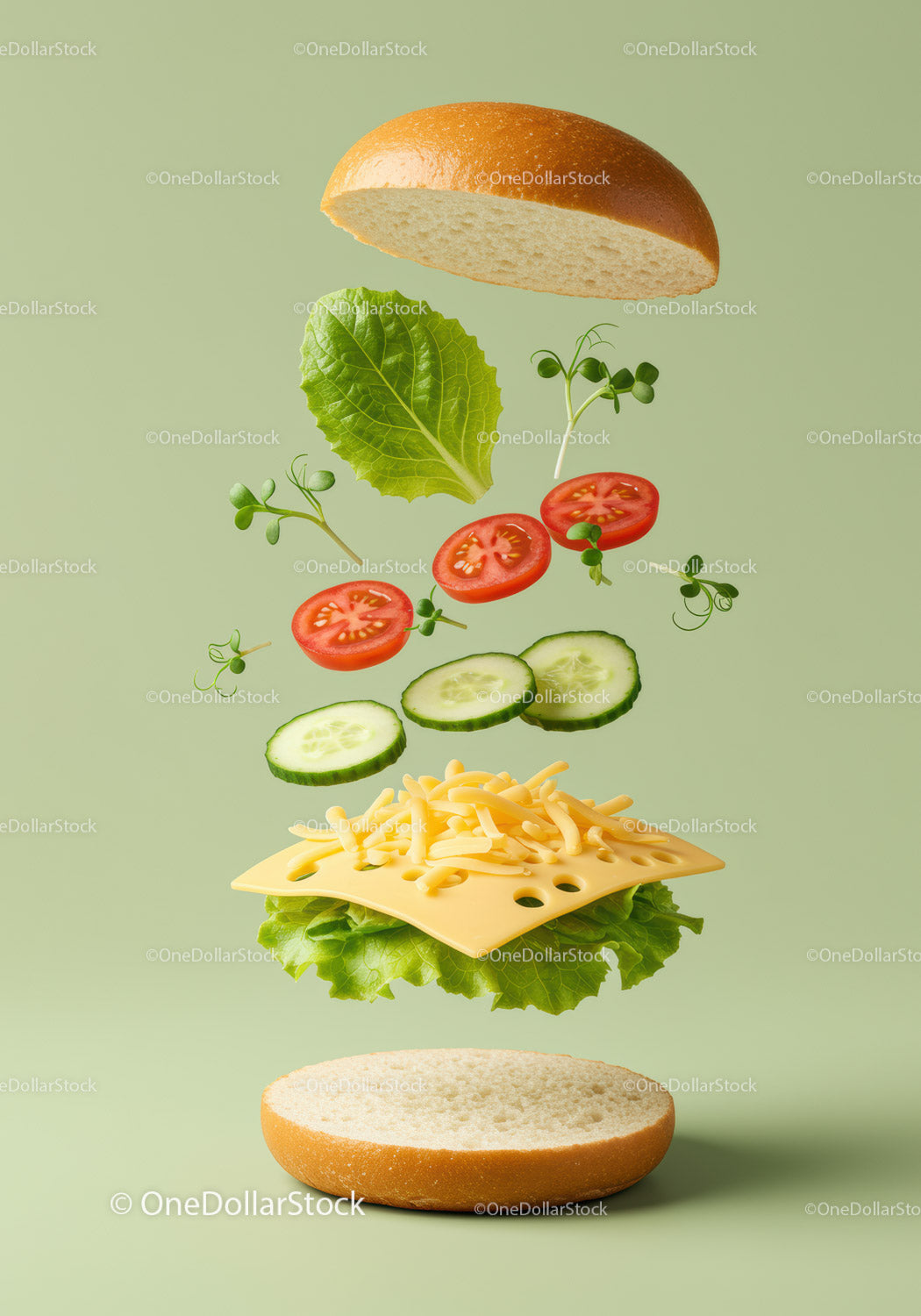 Fresh vegetable sandwich ingredients floating on green