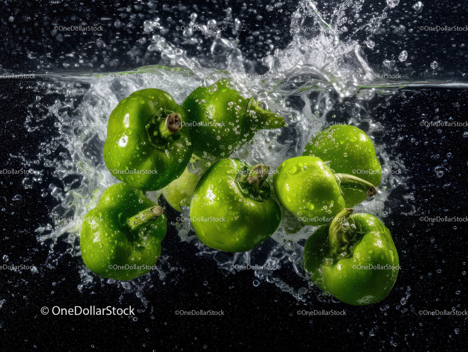 Fresh Green Bell Peppers Splashing into Water