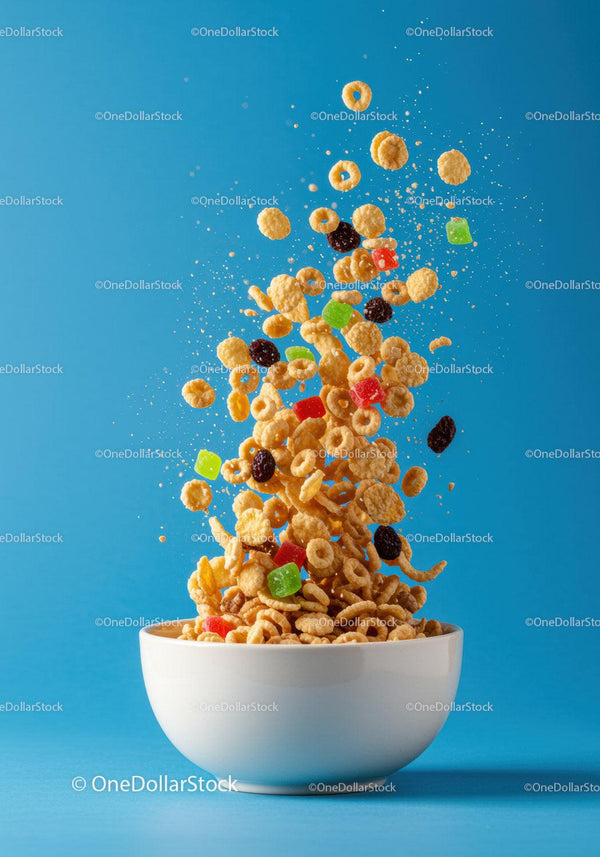 Colorful cereal pieces bursting out of white bowl