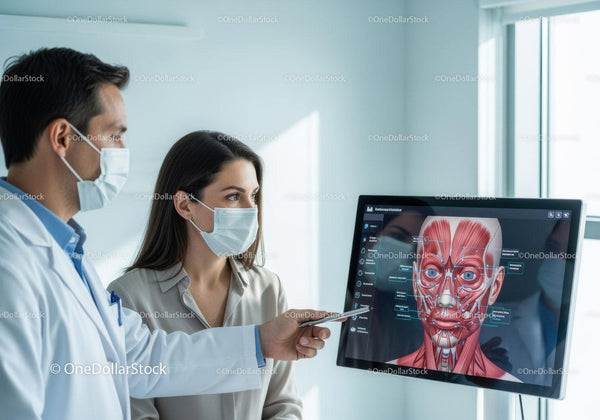 Healthcare Professionals Analyzing Human Facial Anatomy on Digital Screen