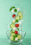 Fresh salad ingredients splashing into glass bowl