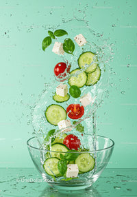 Fresh salad ingredients splashing into glass bowl