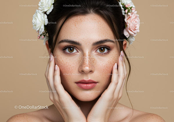 Portrait of a Young Woman with Freckles and Floral Headband