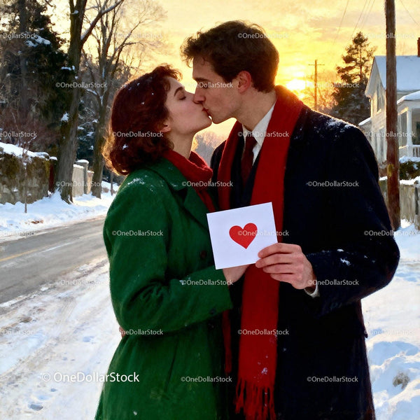 Couple Sharing a Winter Kiss Holding Valentine Card