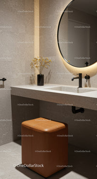 Modern Bathroom with Beige Tiles and Black Fixture with Round Mirror