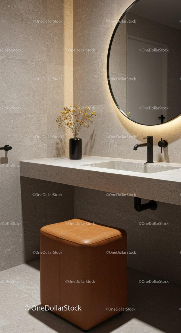 Modern Bathroom with Beige Tiles and Black Fixture with Round Mirror