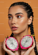 Beautiful Woman with Dragon Fruit Against Orange Background