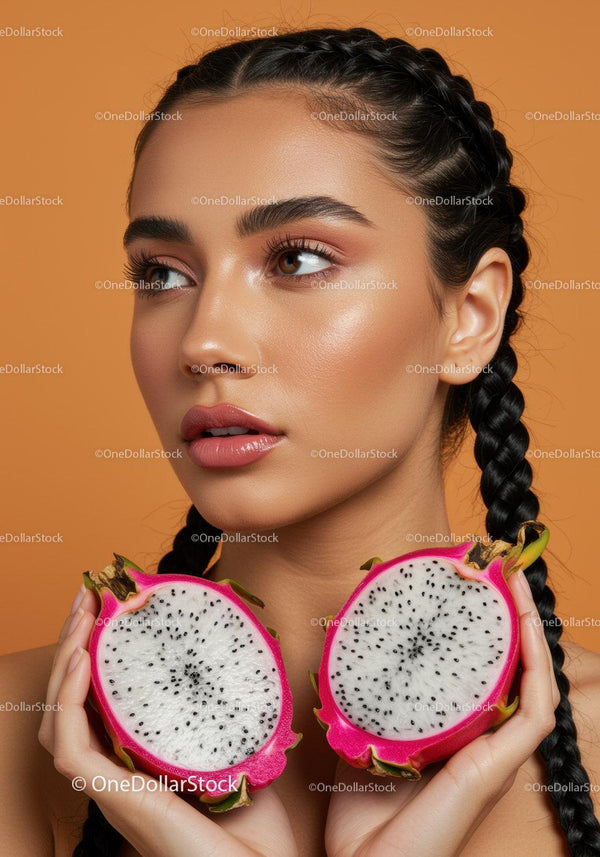 Beautiful Woman with Dragon Fruit Against Orange Background